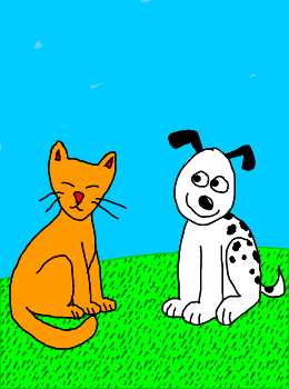 Cat signs a knock-knock joke to a dog. Dog: Cat who? Cat: Cat-ch you later.
