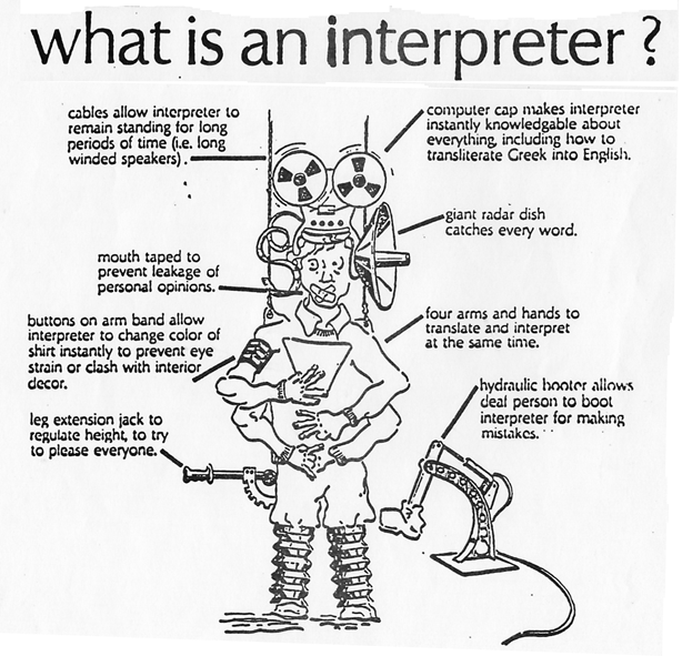 Interpreter shown with bionic attachments to facilitating communication.